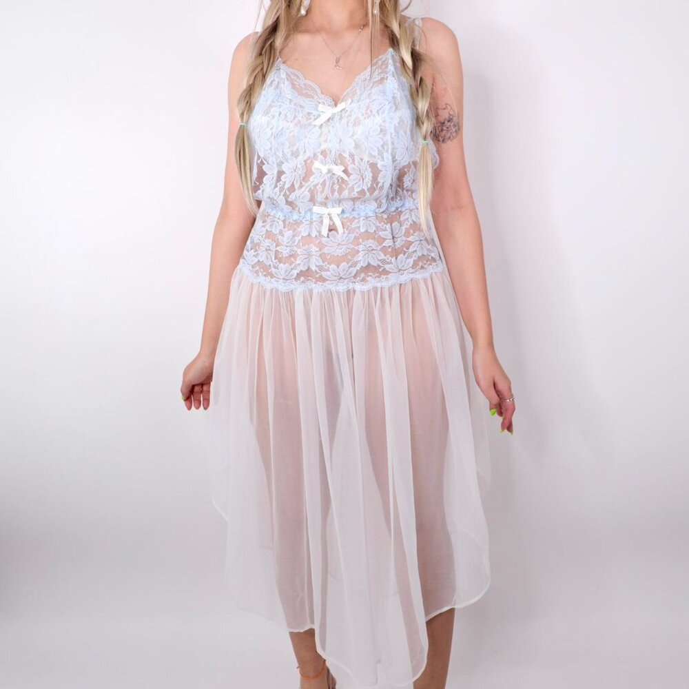 VINTAGE BLUE LACE BACKLESS SLIP DRESS - Picture 6 of 7